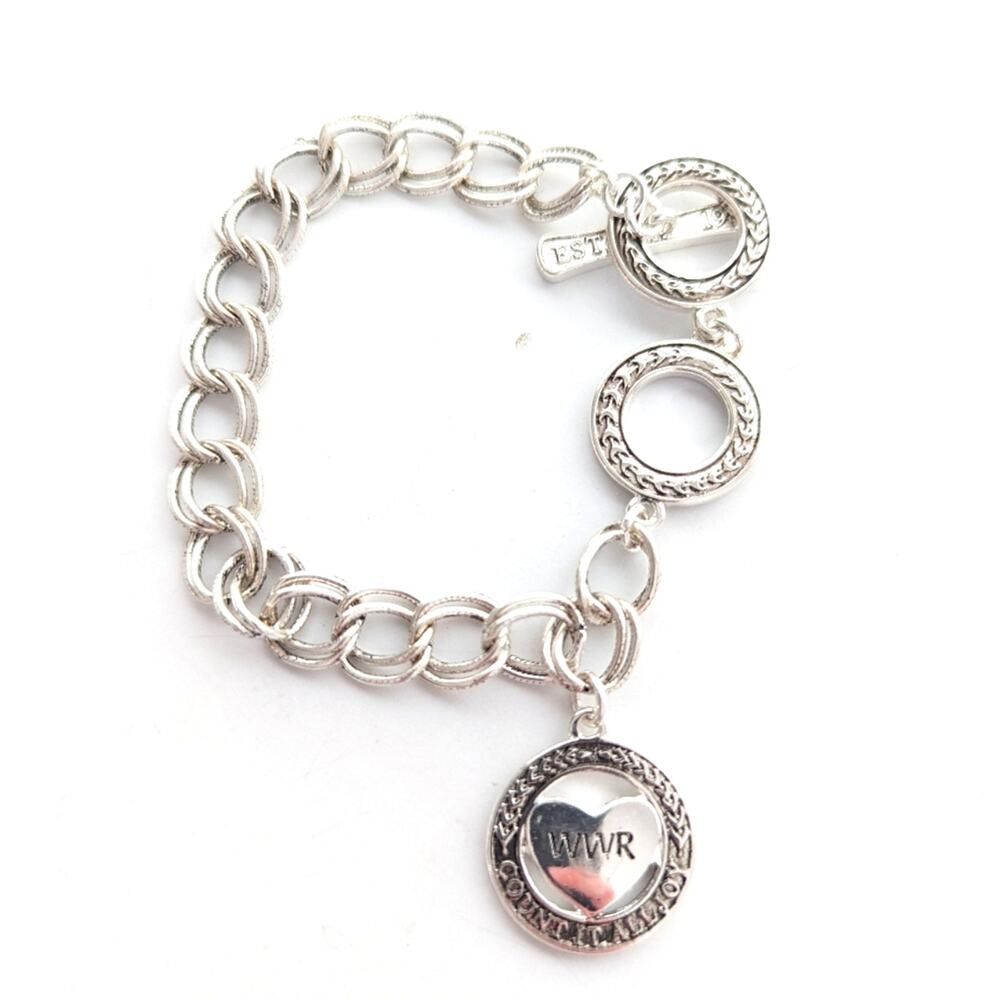 Vintage Premier Designs Silver Tone Inspirational Heart Charm Toggle Bracelet